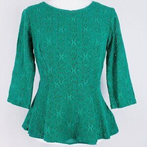 Anthropologie Moulinette Soeurs Green Floral Lace Peplum Top 3/4 Sleeve Blouse 0